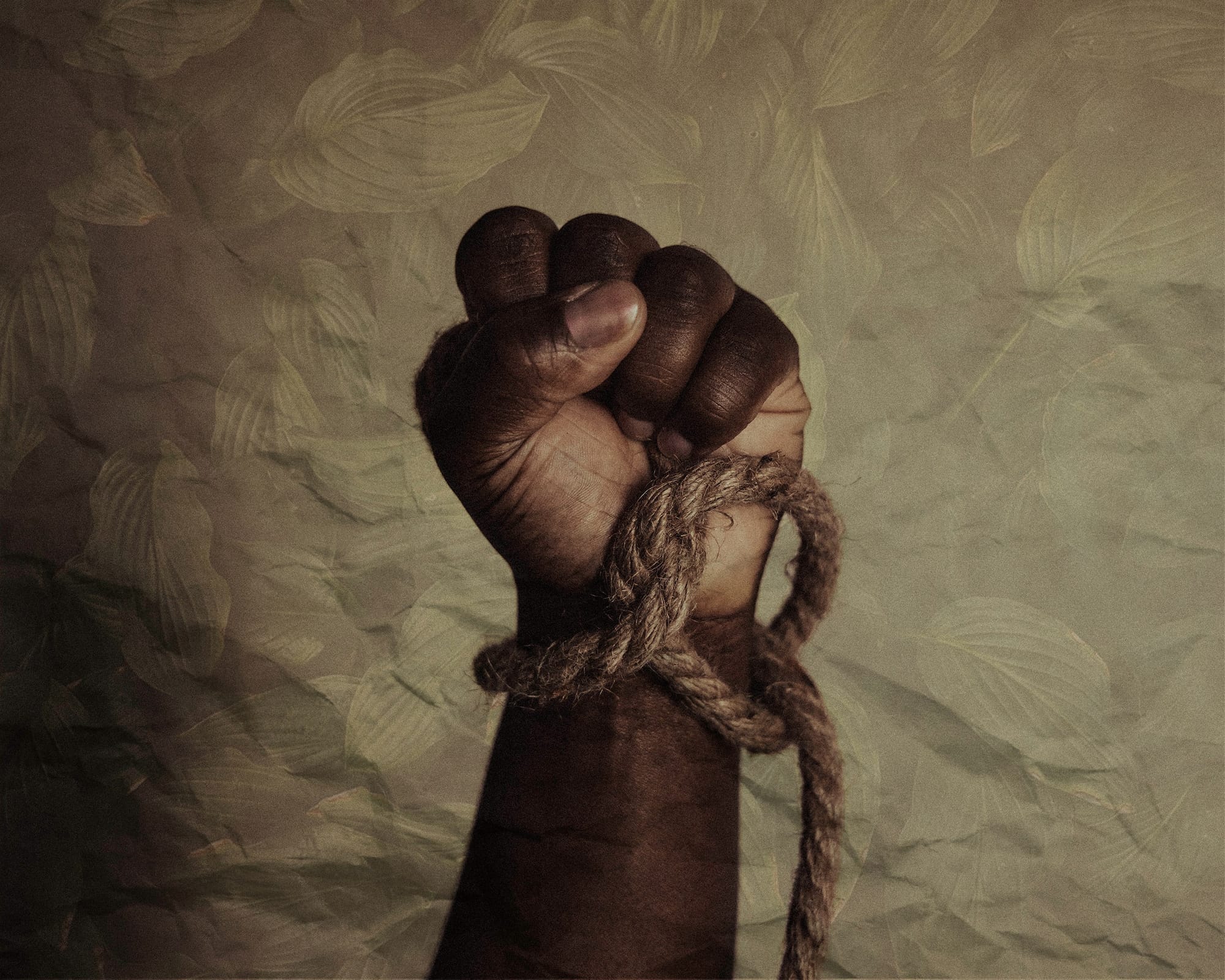 A black person's fist with rope tied around his wrist