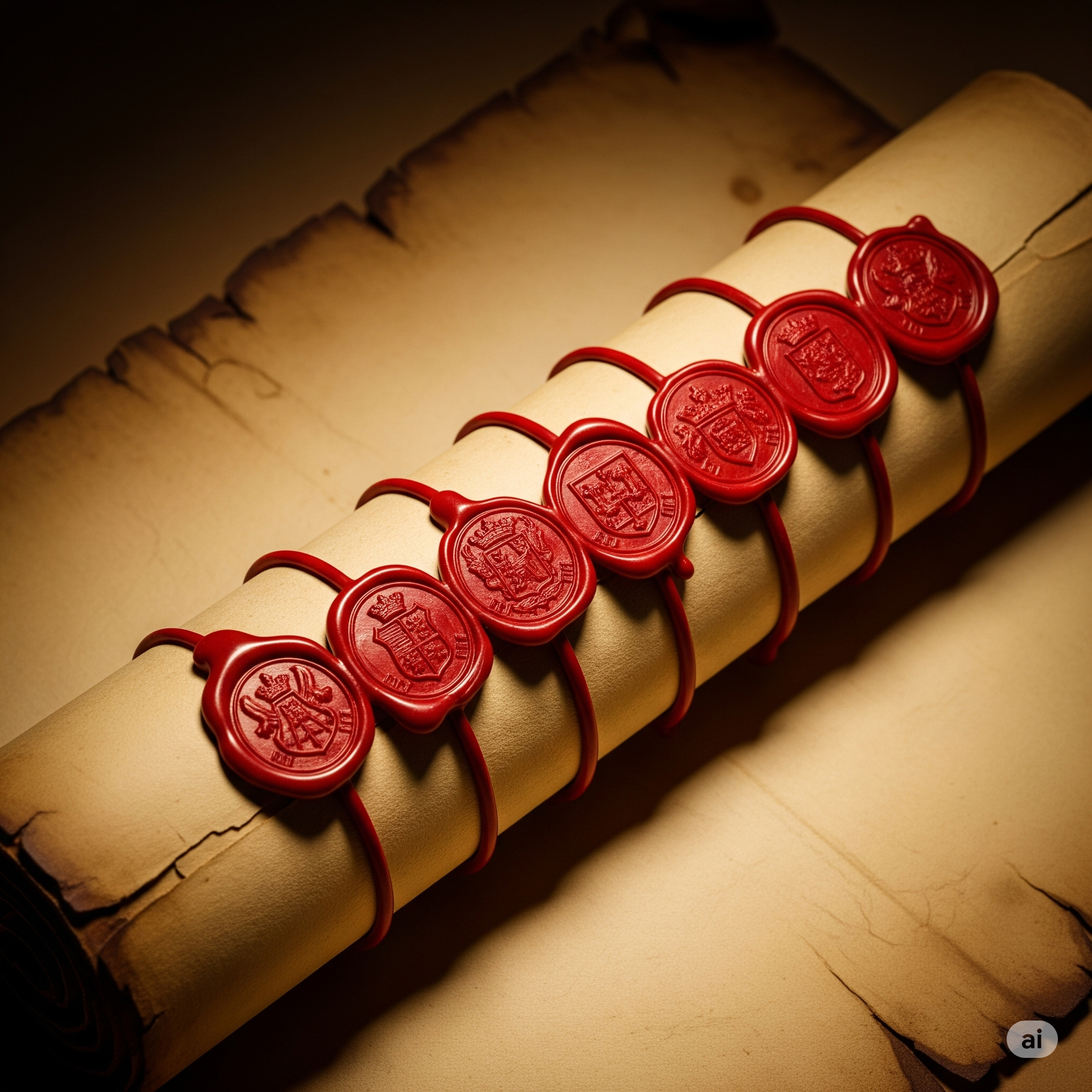 An AI generated image of 7 Red wax seals on a scroll