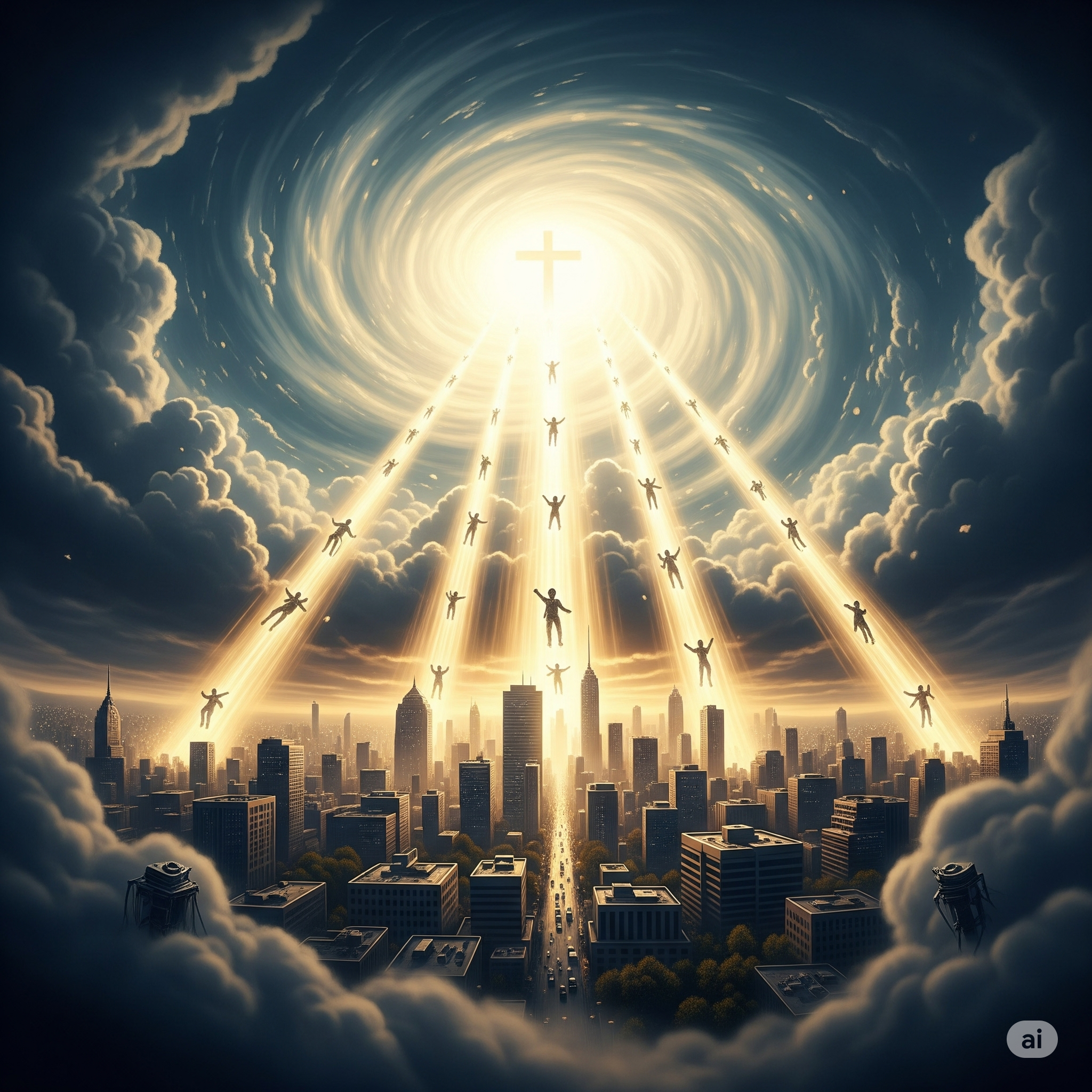 An AI generated image of the rapture of Christians to heaven